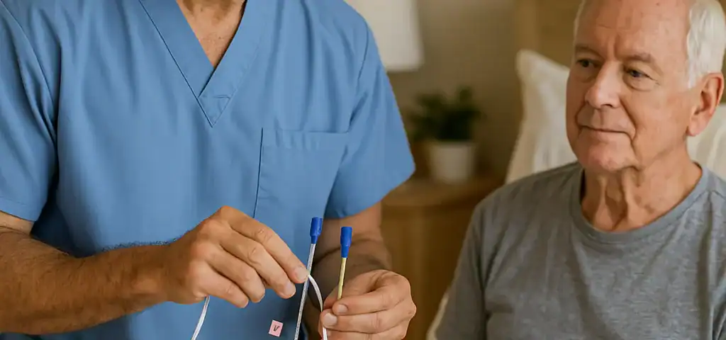 A healthcare professional demonstrating medical equipment to an elderly patient.