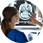 CT scan of a patient's brain showing detailed internal structures.